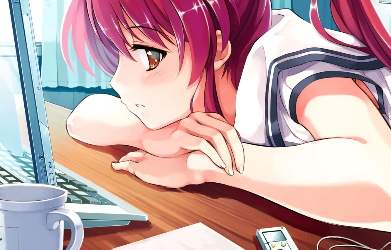 Фото обои компьютер, усталость, Девушка, красные волосы