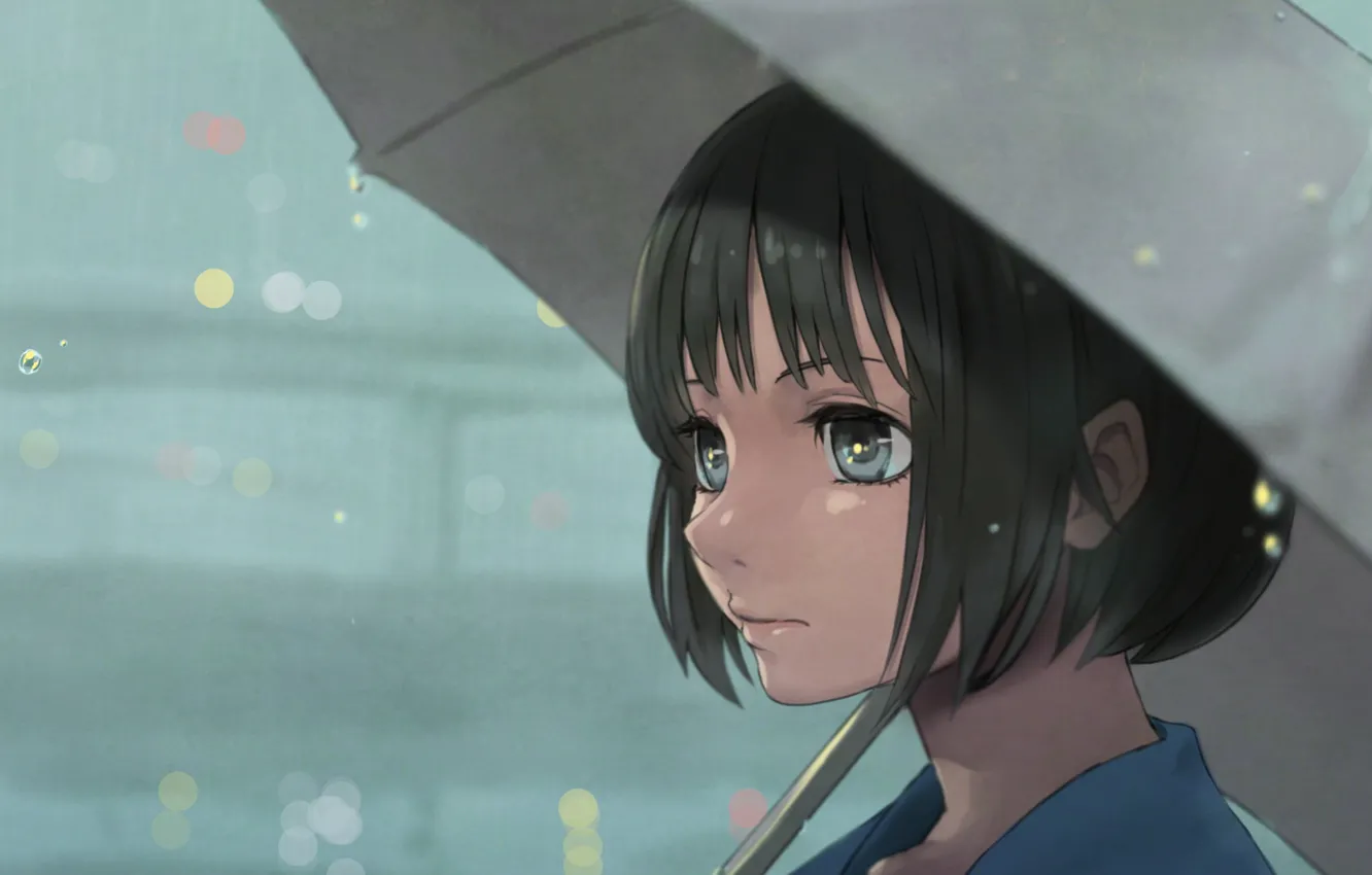 Фото обои взгляд, девушка, лицо, зонт, аниме