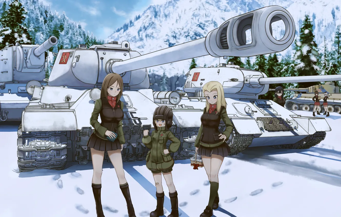 Фото обои Зима, Снег, Танки, Tank, Nonna, Klara, Girls und Panzer, T-34-85