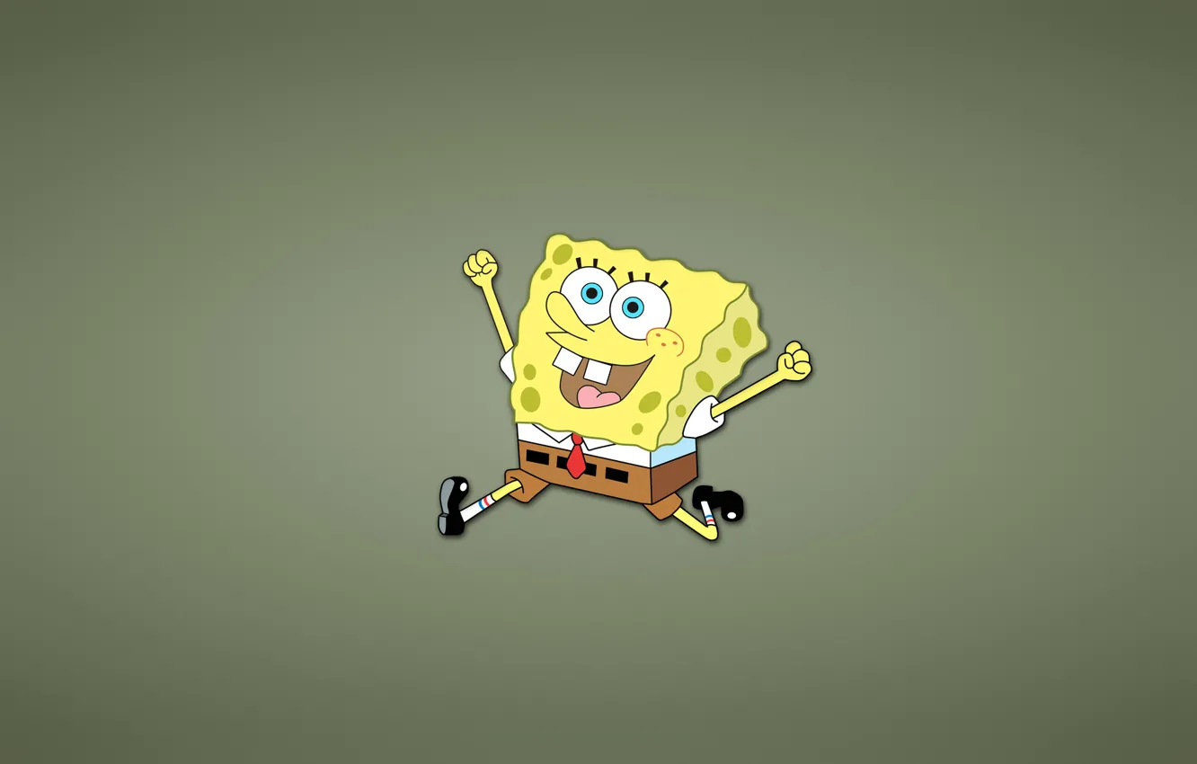 Фото обои желтый, улыбка, бежит, счастливый, SpongeBob SquarePants, Губка Боб квадратные штаны