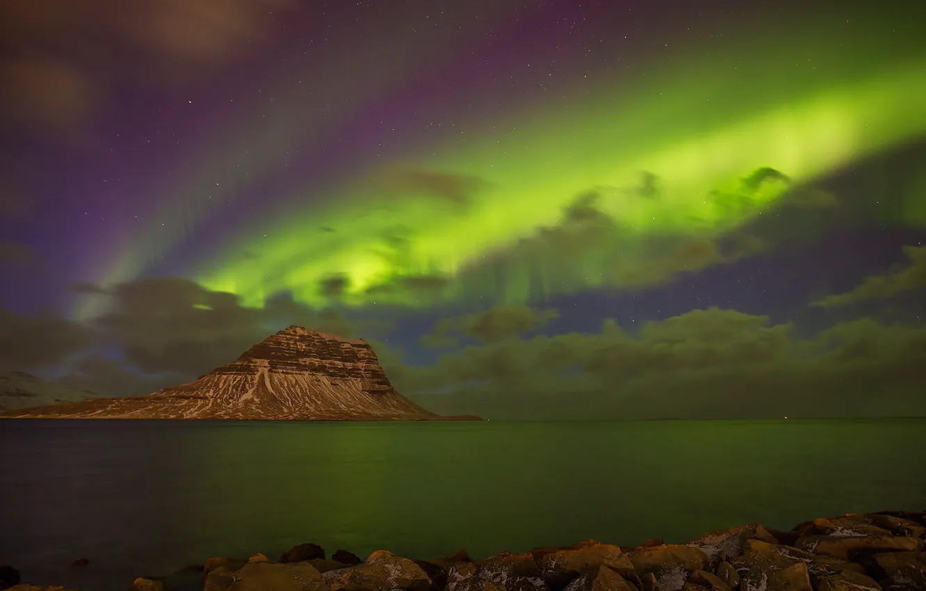 Фото обои море, гора, северное сияние, Исландия