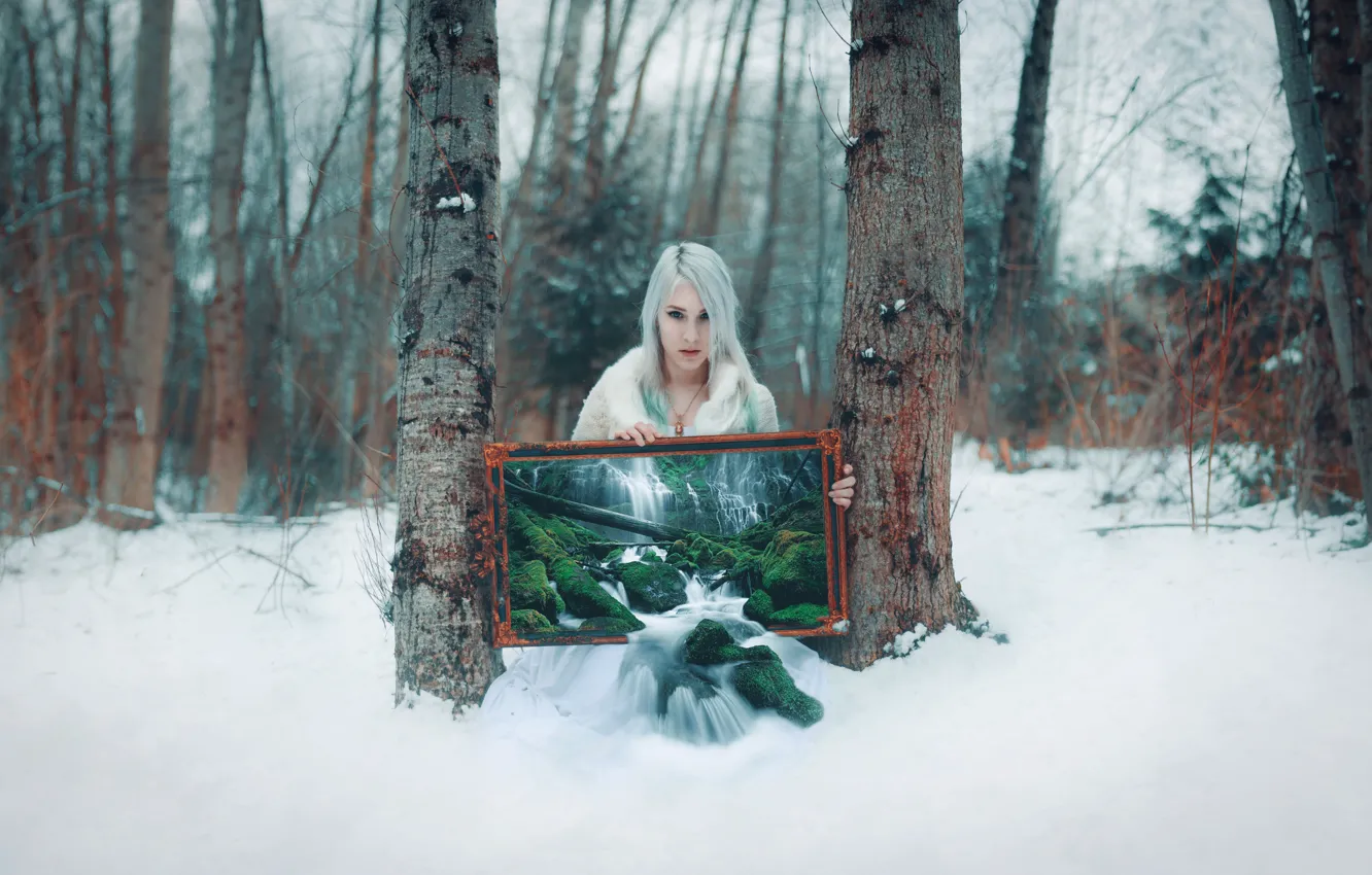 Фото обои лес, девушка, стиль, водопад, картина, фэнтези, блондинка, образ