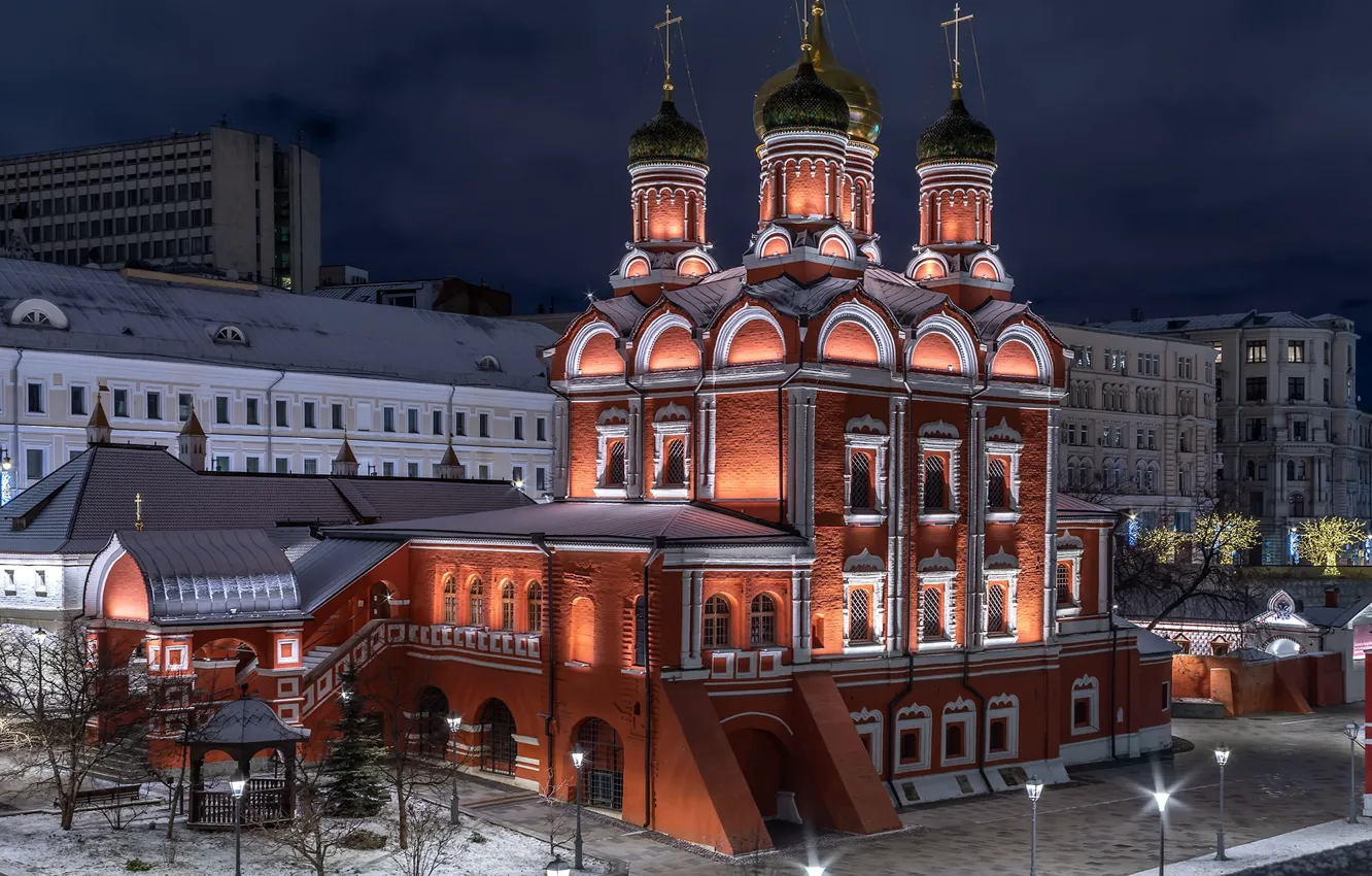 Фото обои ночь, город, освещение, Москва, архитектура, Ли Си Цин, Знаменский собор
