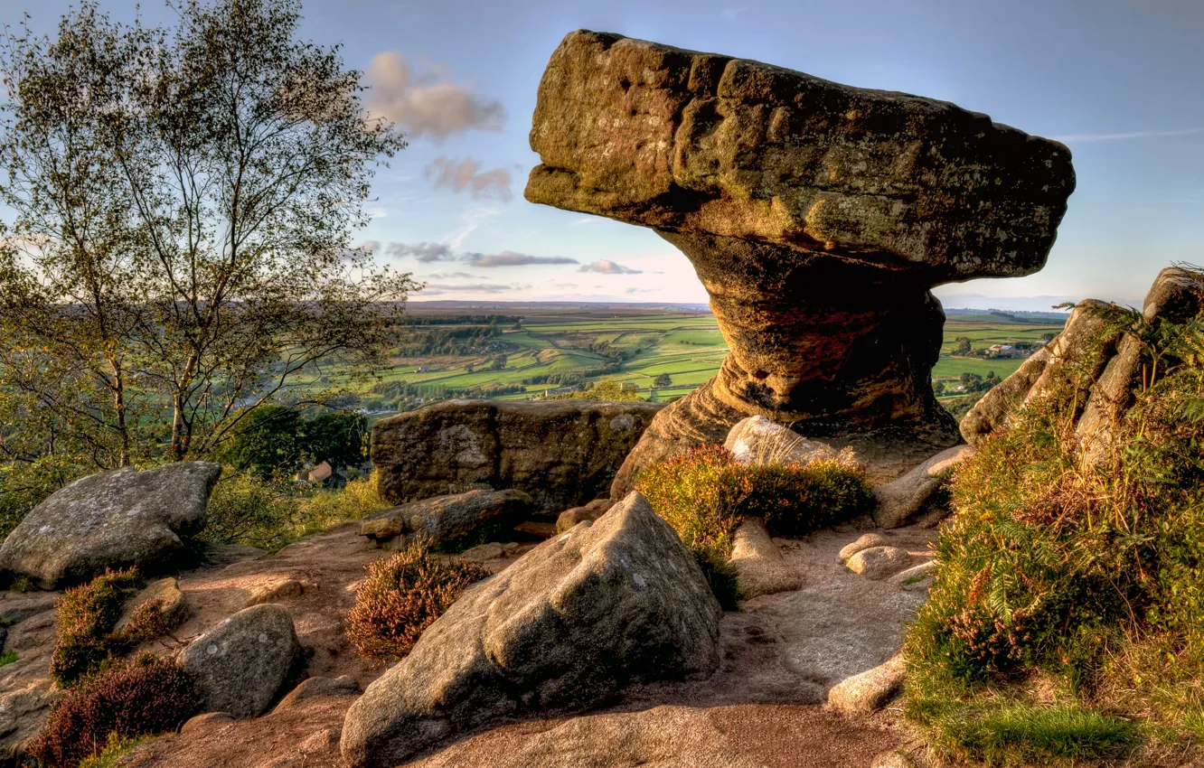 Фото обои небо, трава, пейзаж, дерево, камень, англия, горизонт, england