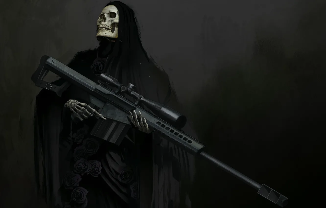 Фото обои оружие, череп, фэнтези, арт, скелет, капюшон, прицел, снайперская винтовка