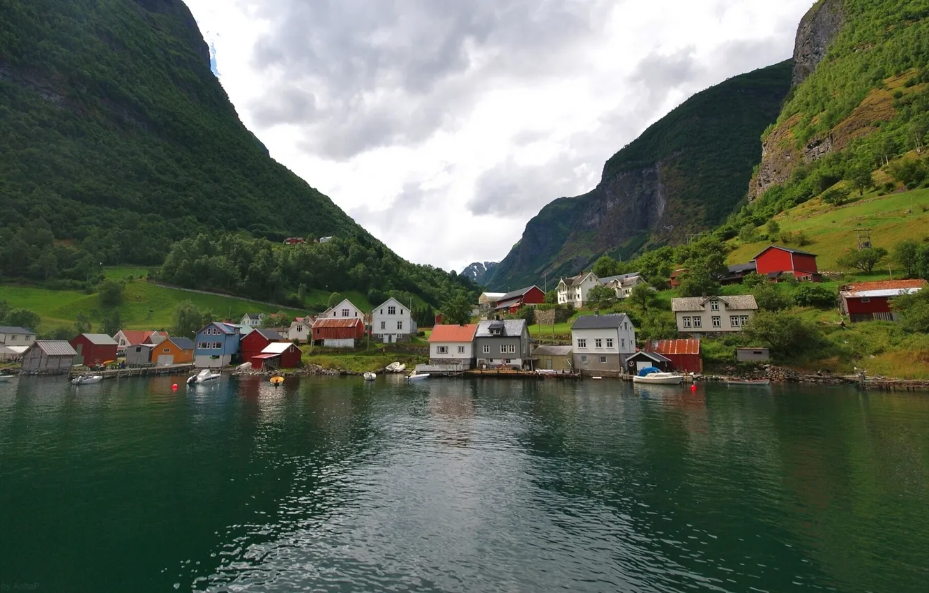 Фото обои горы, деревня, Норвегия, домики, Norway, фьорд, Undredal