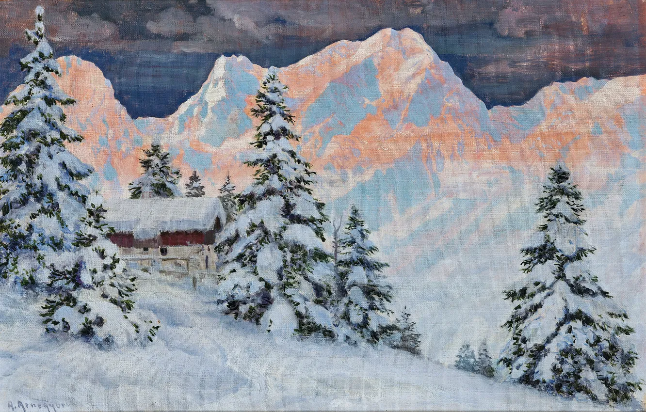 Фото обои Зима, Горы, Деревья, Снег, Дом, Картина, Alois Arnegger, Алоис Арнеггер