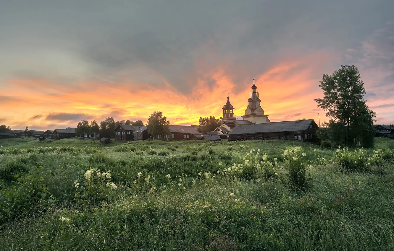 Фото обои лето, утро, деревня, церковь, Архангельская область, Кимжа