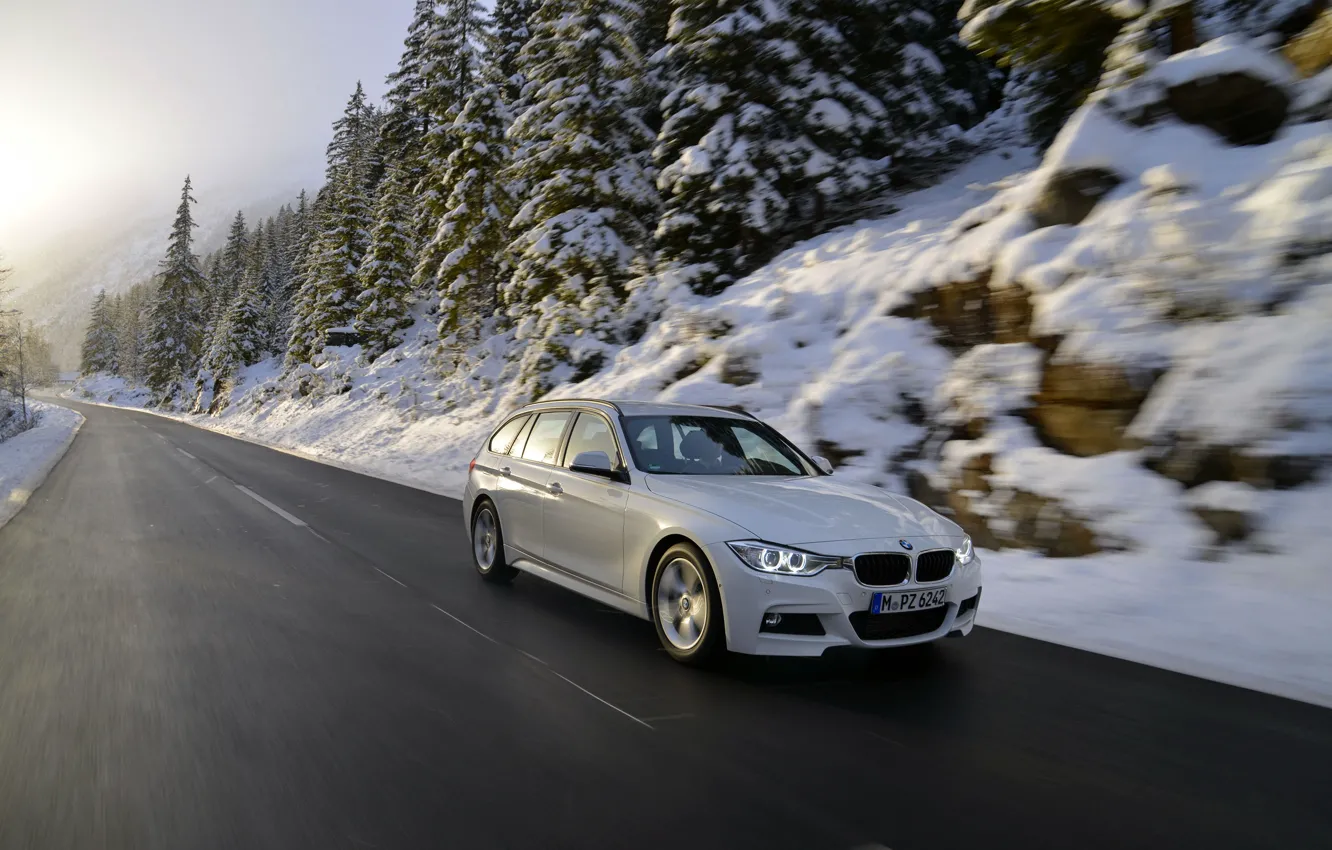 Фото обои Авто, Дорога, Белый, Снег, BMW, БМВ, Универсал, 320d
