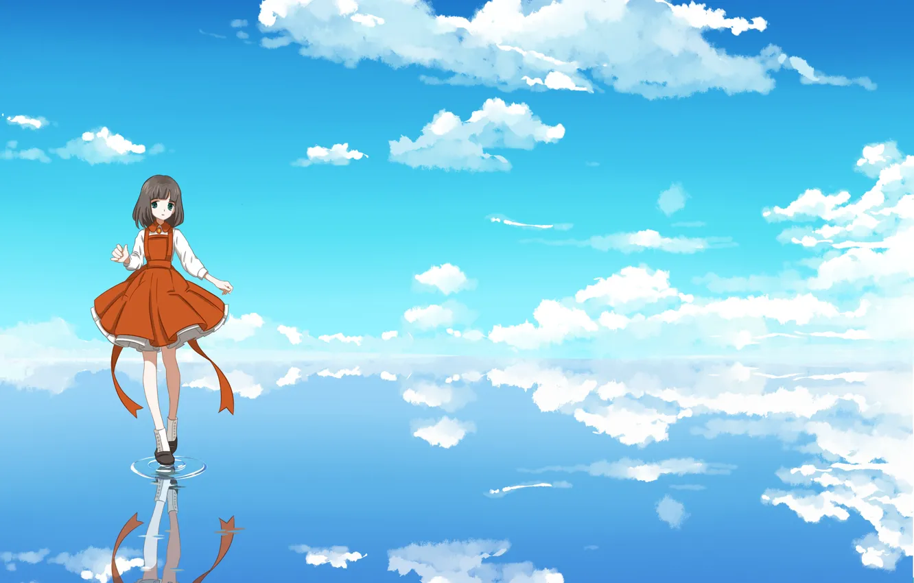 Фото обои небо, облака, отражение, девочка