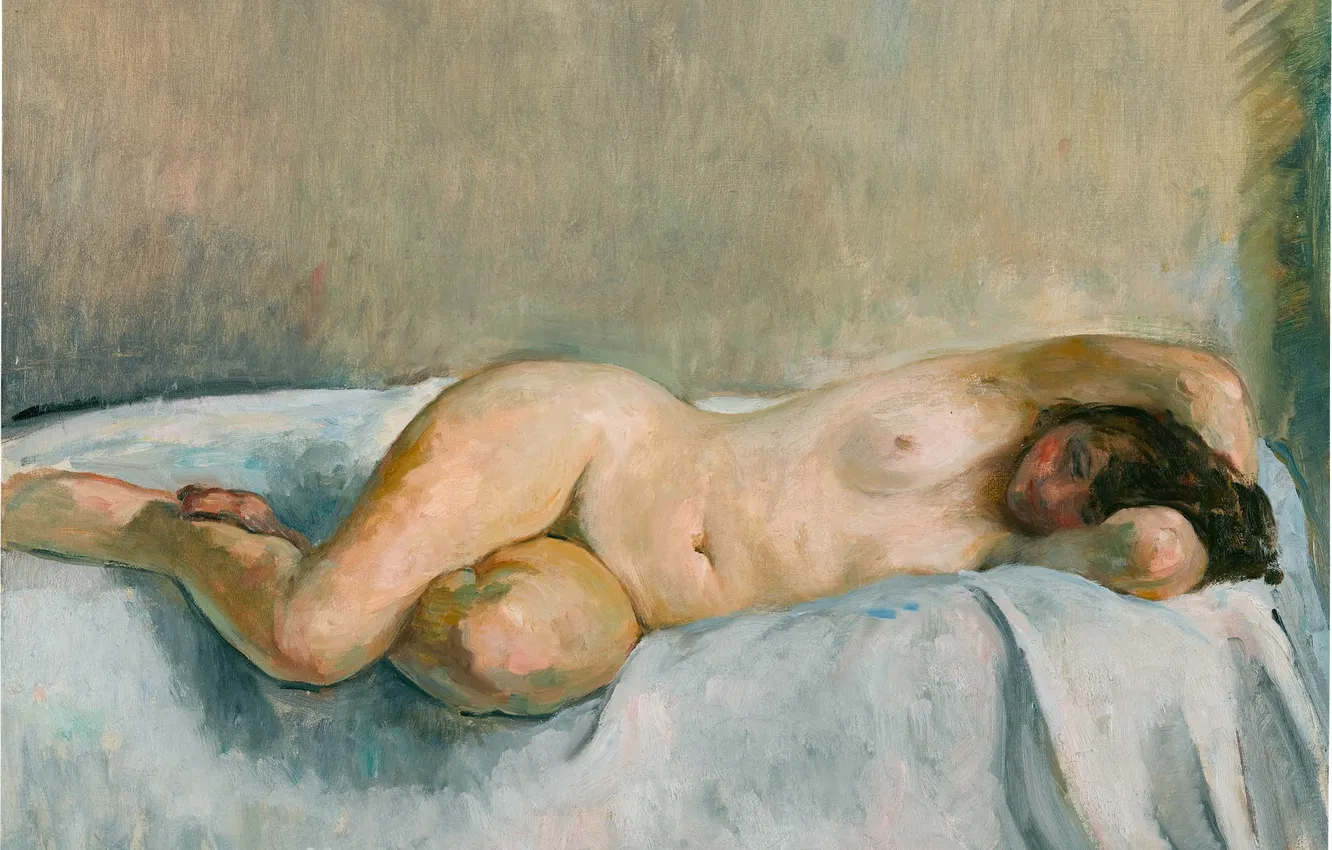 Фото обои Девушка, Картина, Кровать, Обнажена, Henri Lebasque, Анри Лебаск, Французский художник, Обнаженная лежащая лицом вниз