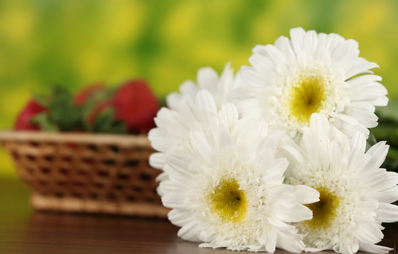 Фото обои макро, цветы, ромашка, клубника, корзинка, полевые