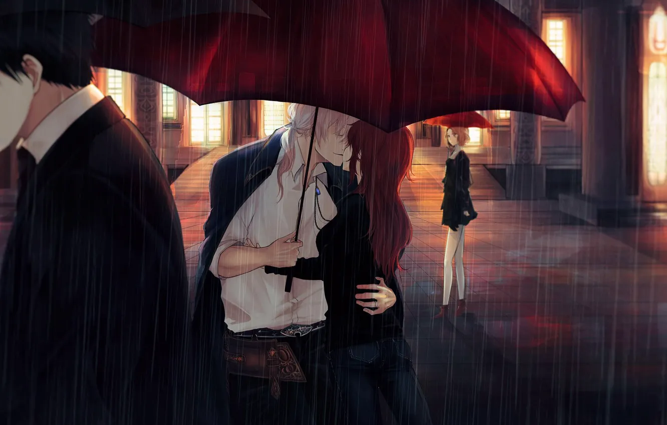 Фото обои ночь, дождь, романтика, зонт, двое, прохожие