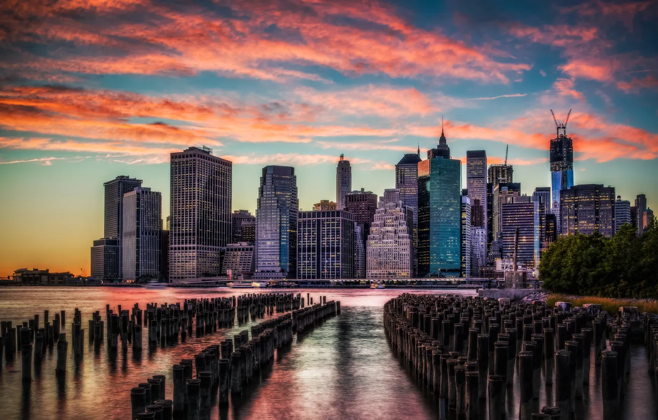 Фото обои закат, город, фото, рассвет, HDR, дома, Нью-Йорк, небоскребы