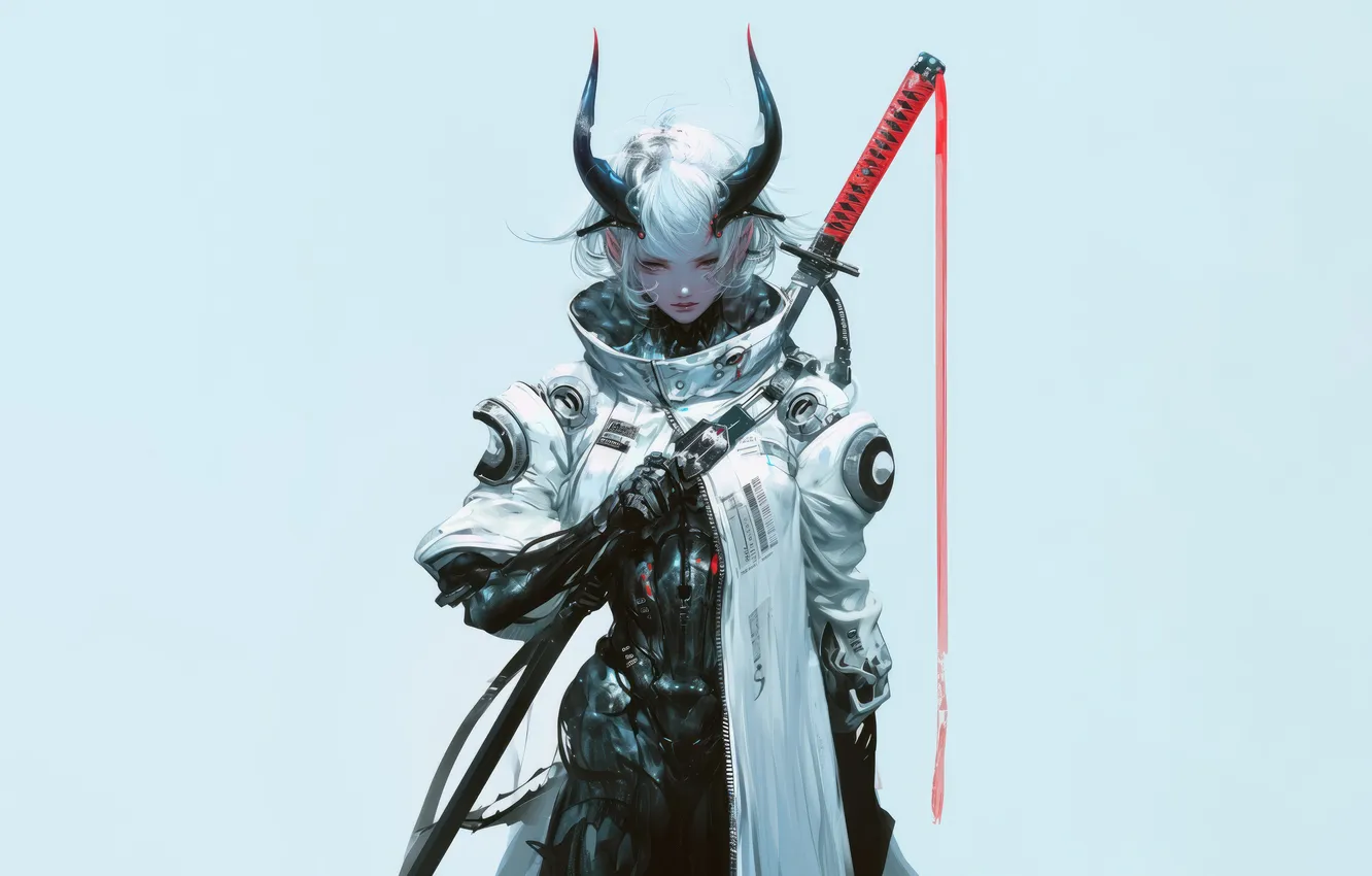 Фото обои Girl, Devil, Anime, Katana, Demon, Sci-Fi, White Background, Horn