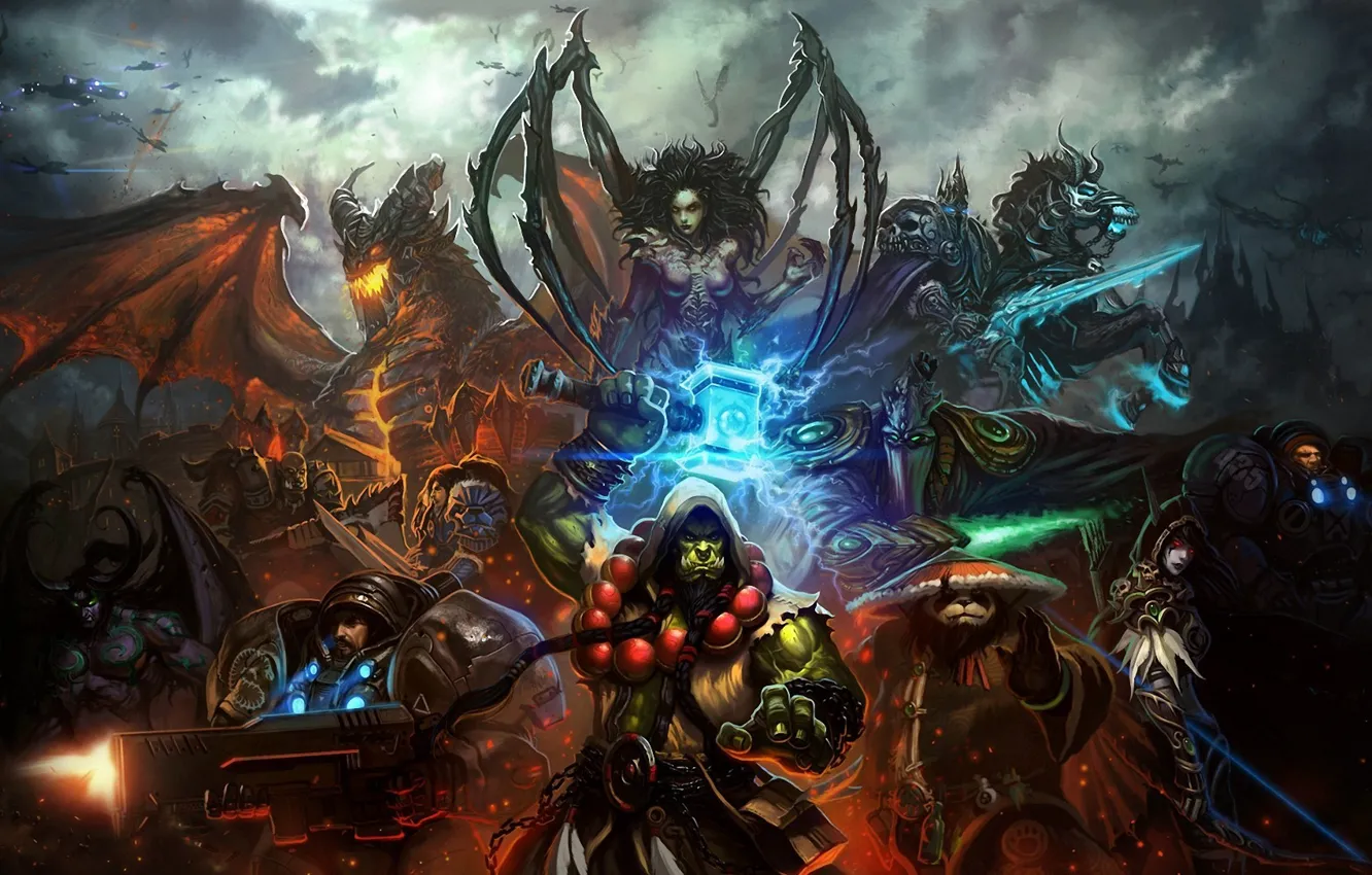 Фото обои оружие, корабли, арт, панда, starcraft, World of Warcraft, орк, персонажи