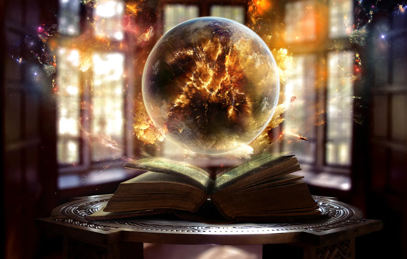 Фото обои свет, огонь, магия, окна, шар, Книга, искры, сфера