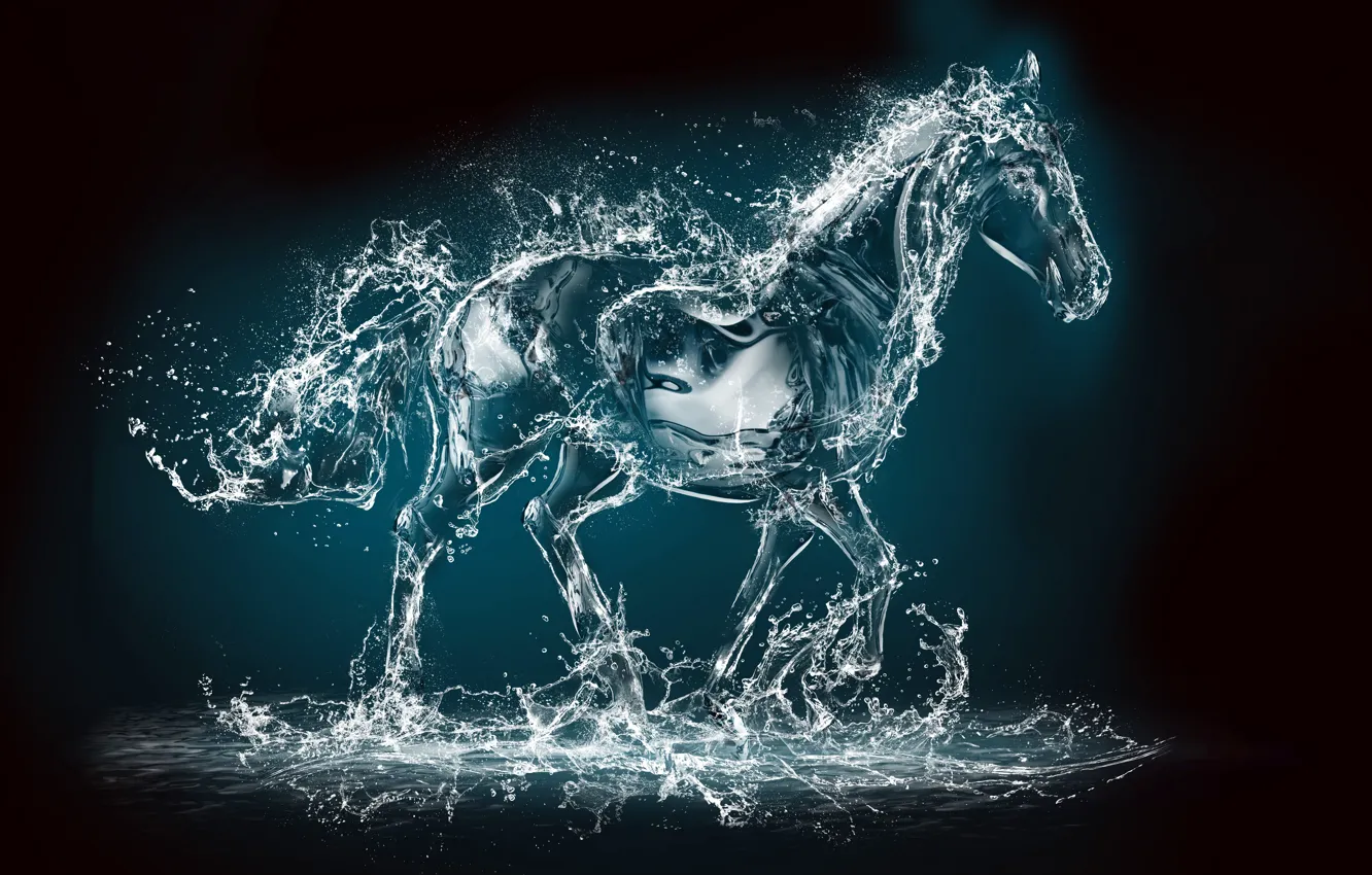 Фото обои вода, брызги, рендеринг, животное, лошадь