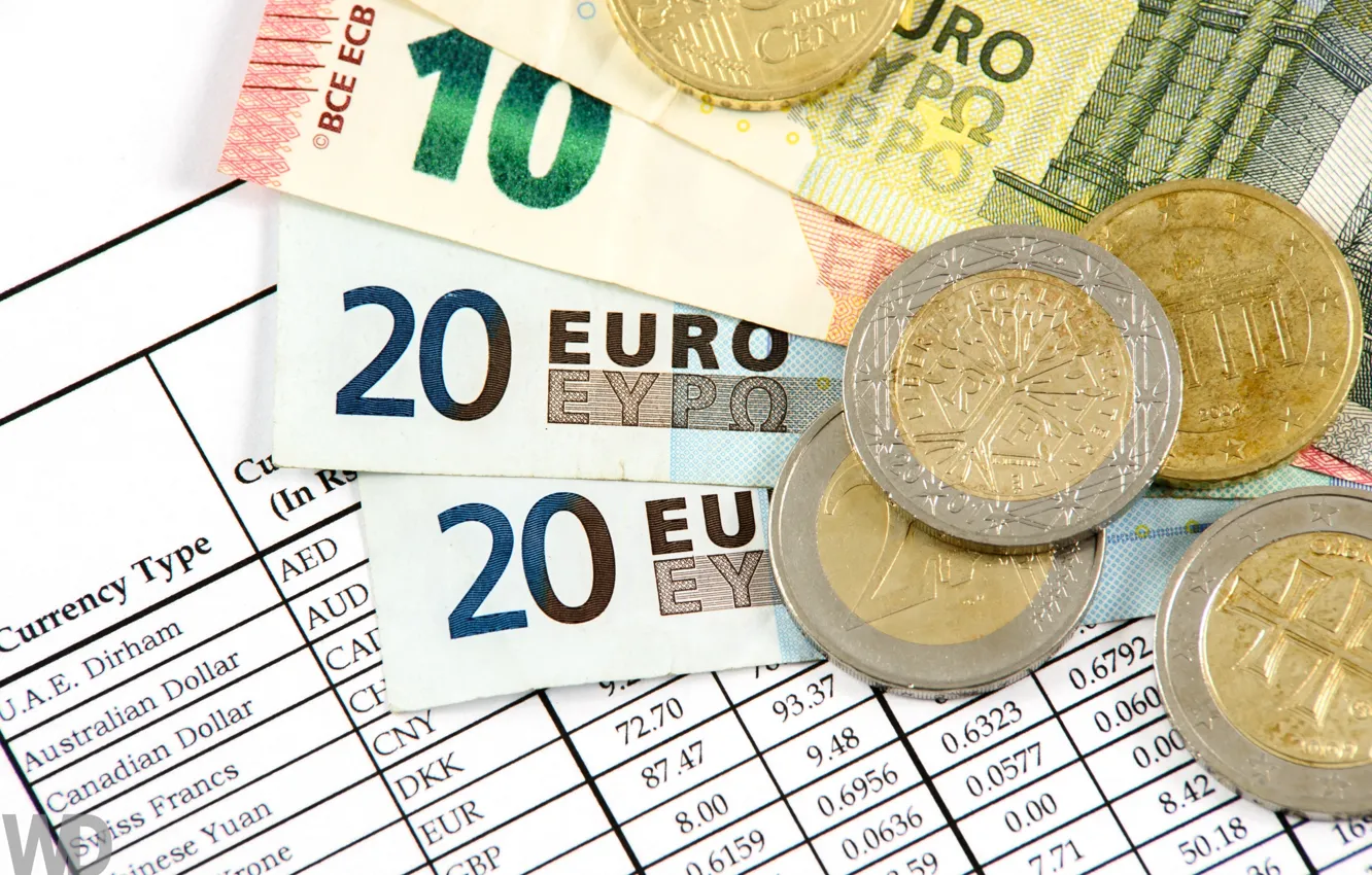 Фото обои макро, деньги, евро, монеты, купюры