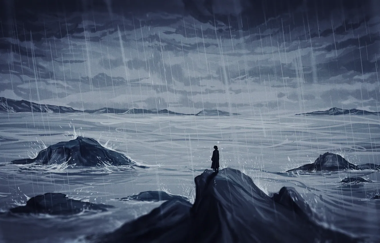 Фото обои море, шторм, скала, дождь, мужчина