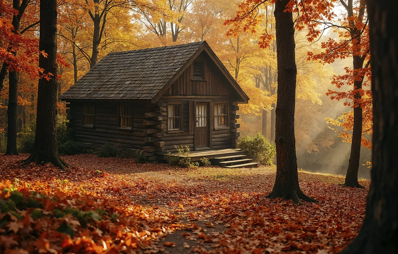 Фото обои осень, лес, листья, дом, хижина, forest, autumn, leaves