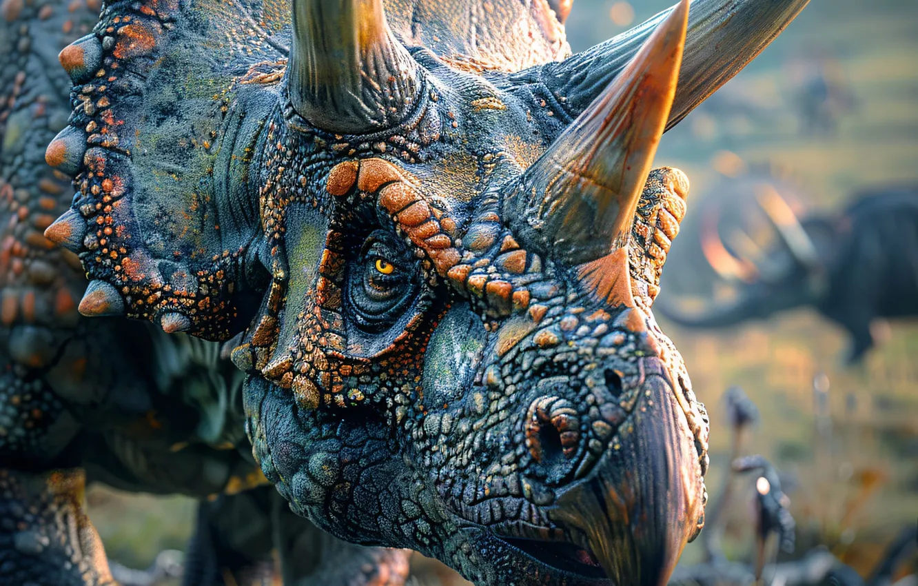 Фото обои Морда, Динозавр, Рога, Triceratops, Животное, Цифровое искусство, Трицератопс, Древние животные