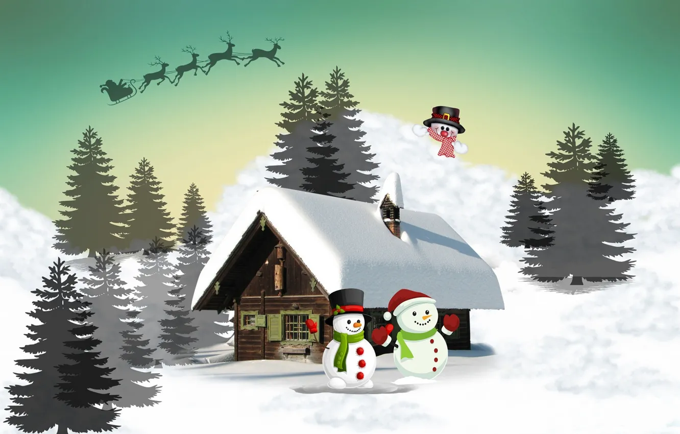 Фото обои снег, пейзаж, дом, рождество, снеговики