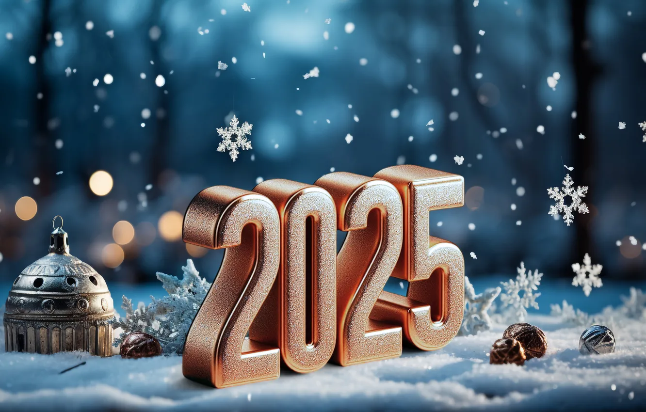 Фото обои снег, украшения, цифры, Новый год, golden, new year, winter, snow