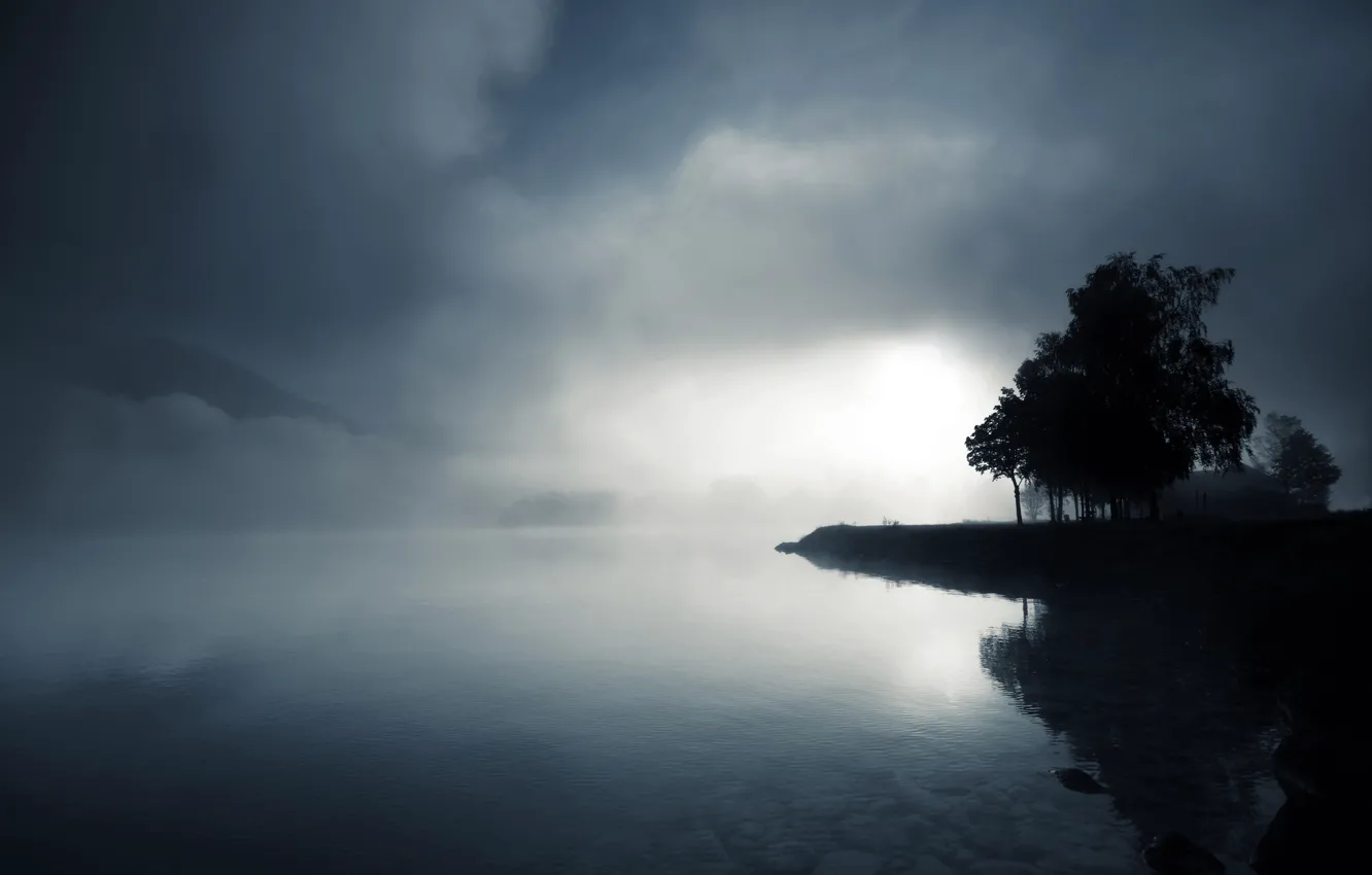 Фото обои вода, деревья, туман, озеро, камни, холмы, сумрак, черно-белое