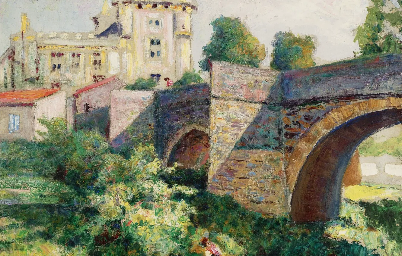 Фото обои пейзаж, мост, картина, Виктор Шарретон, Victor Charreton, Церковь в Мюроле