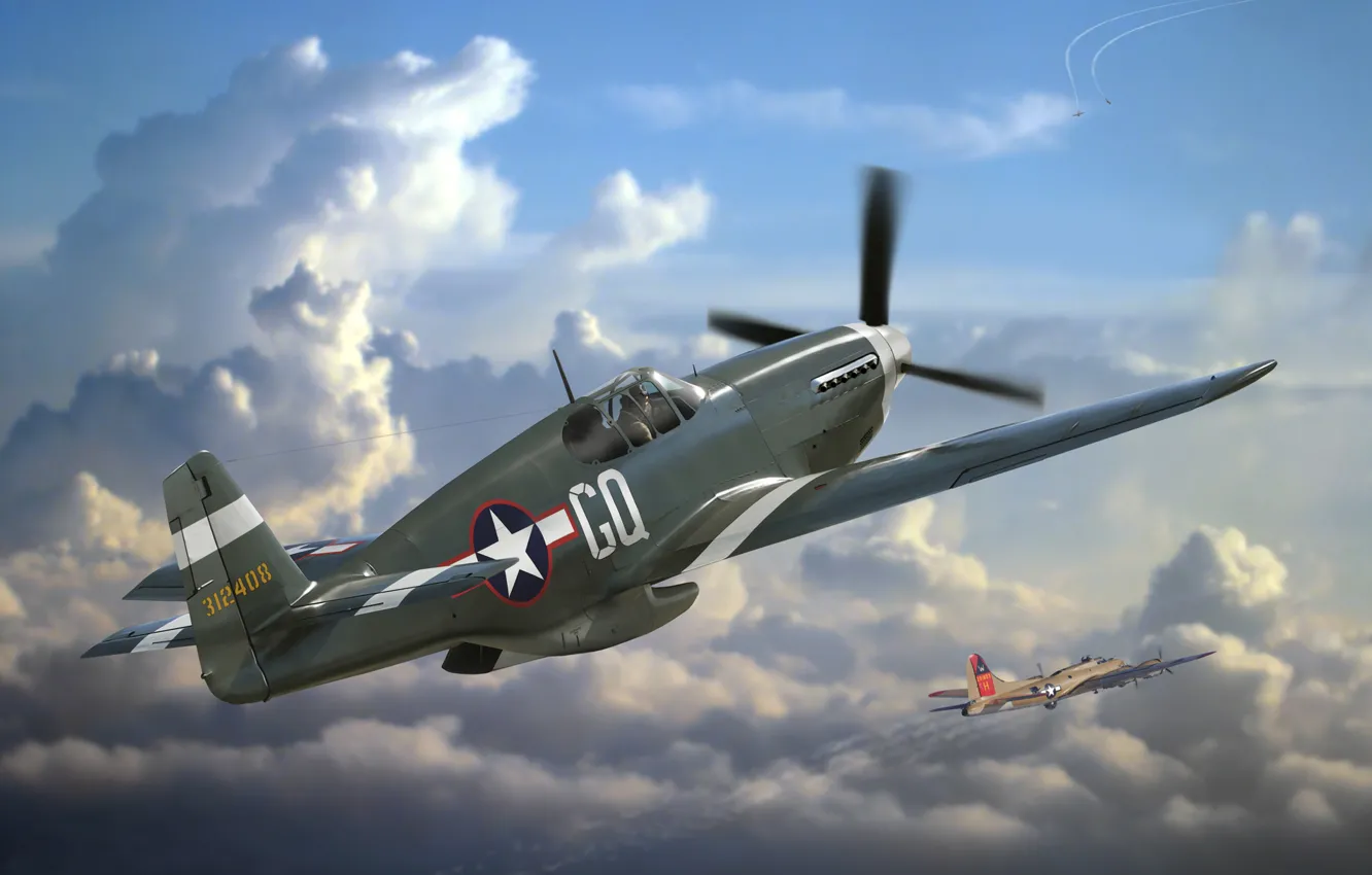 Фото обои самолет, Mustang, истребитель, арт, США, сражение, P-51, действия