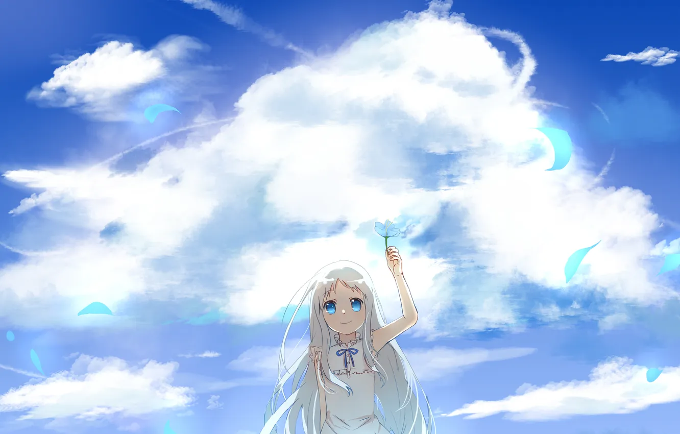 Фото обои цветок, небо, девушка, облака, аниме, лепестки, арт, невиданный цветок