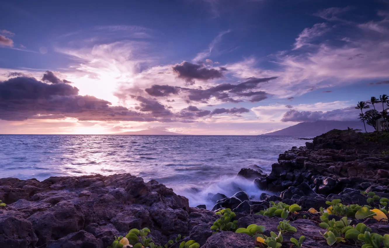 Фото обои небо, тучи, камни, океан, рассвет, берег, Гаваи