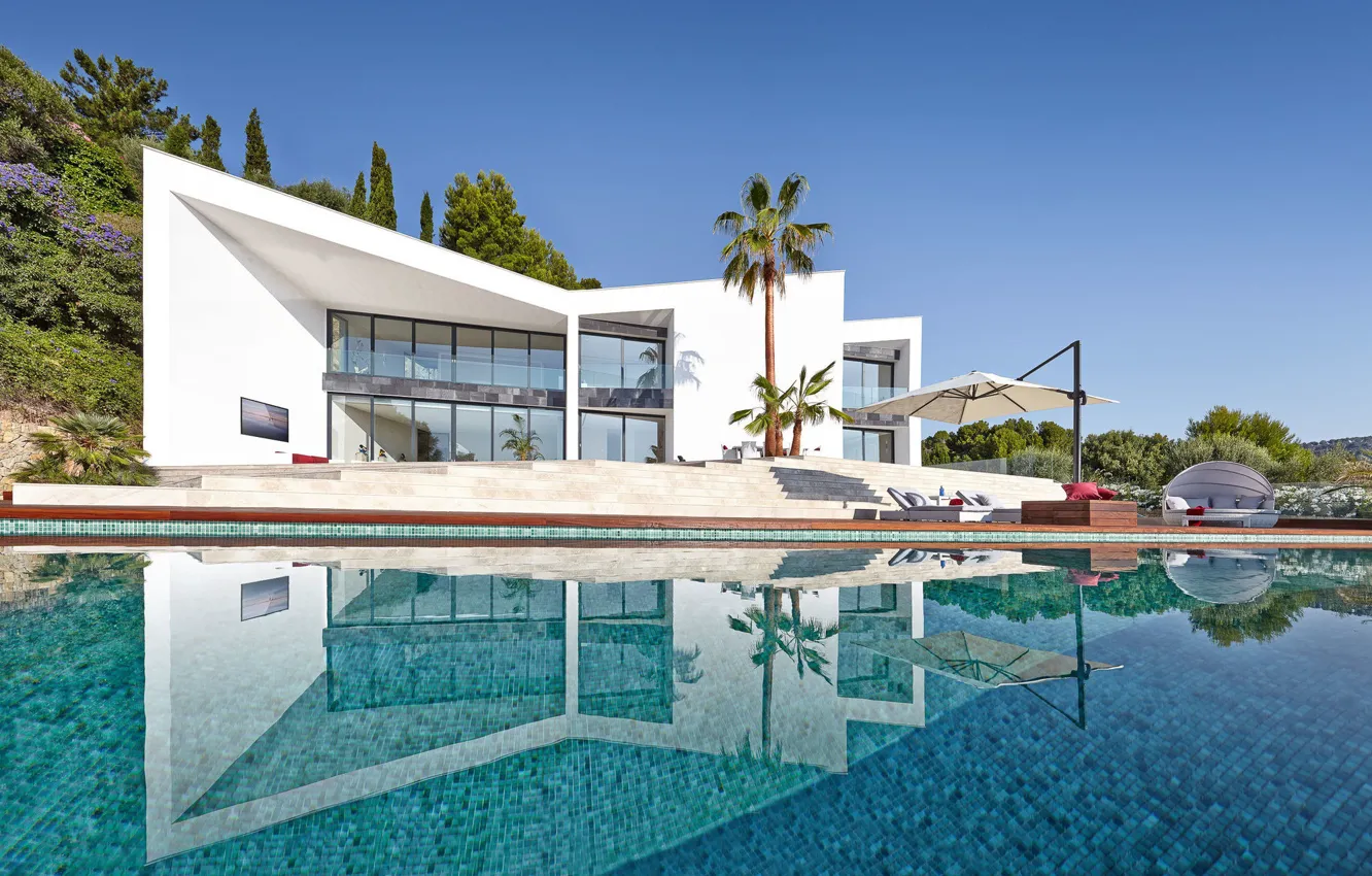 Фото обои дизайн, пальмы, вилла, бассейн, архитектура, Contemporary House in Son Vida