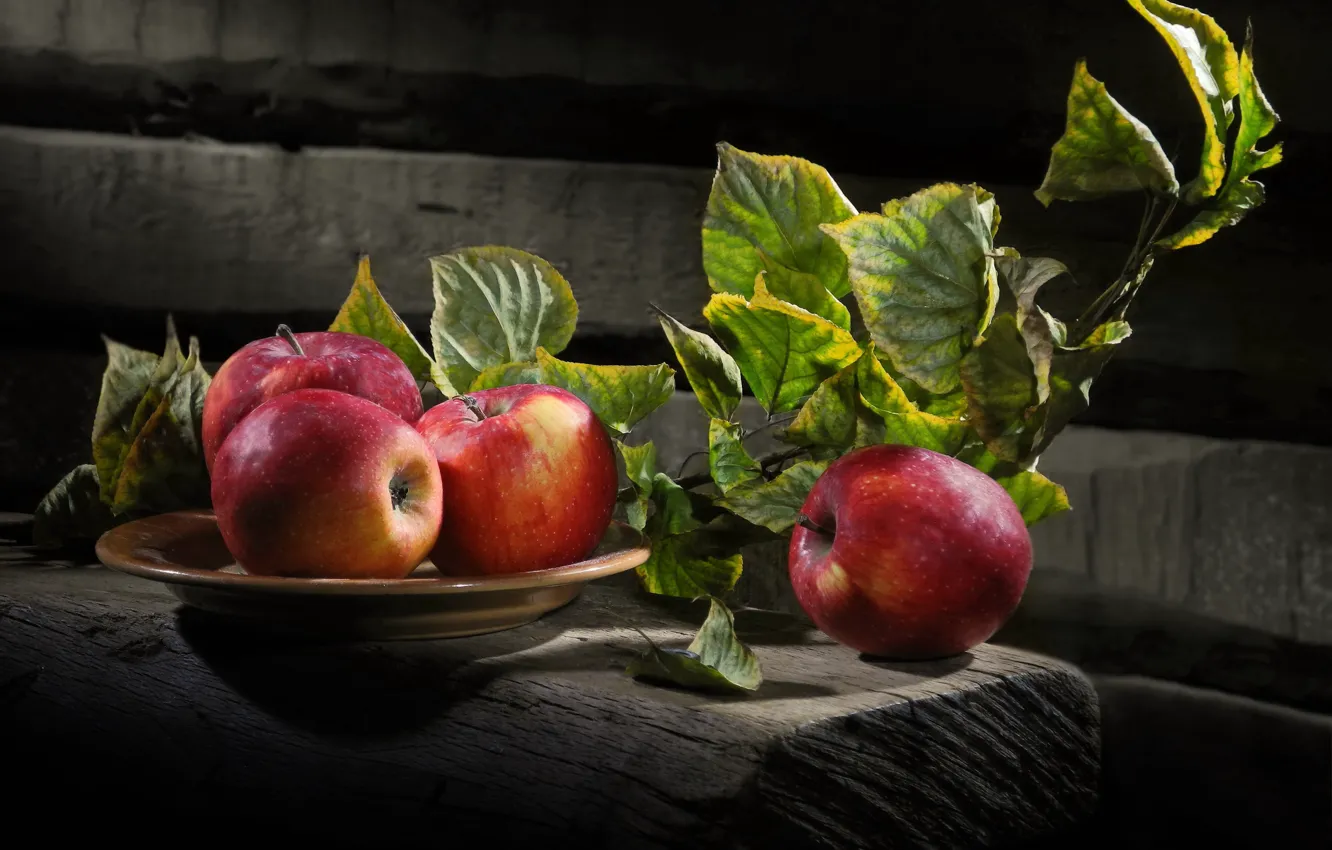 Фото обои листья, яблоки, доски, ветка, тарелка, фрукты, Сергей Фунтовой
