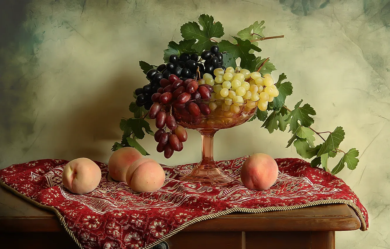 Фото обои виноград, натюрморт, персики