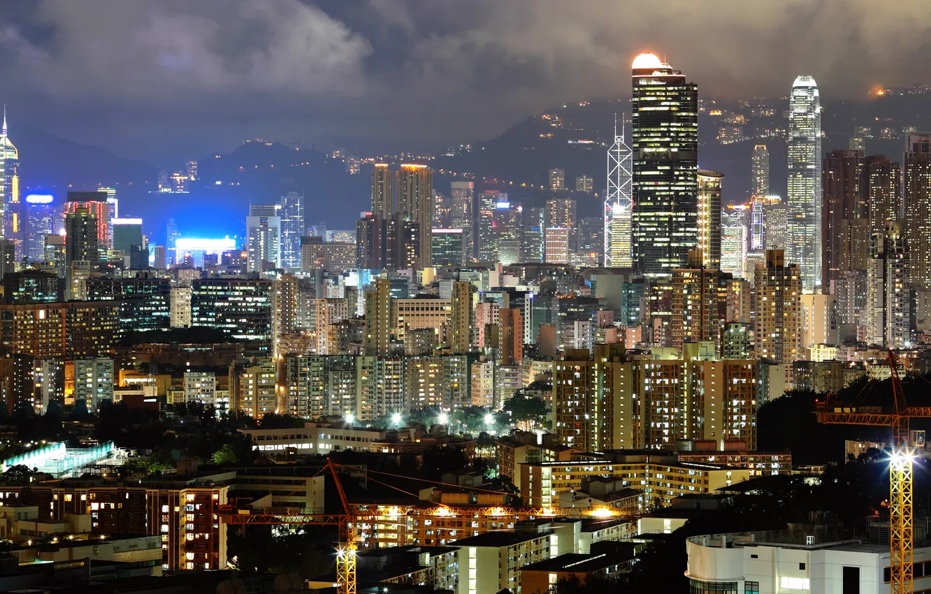 Фото обои свет, ночь, город, огни, здания, дома, Гонконг, небоскребы