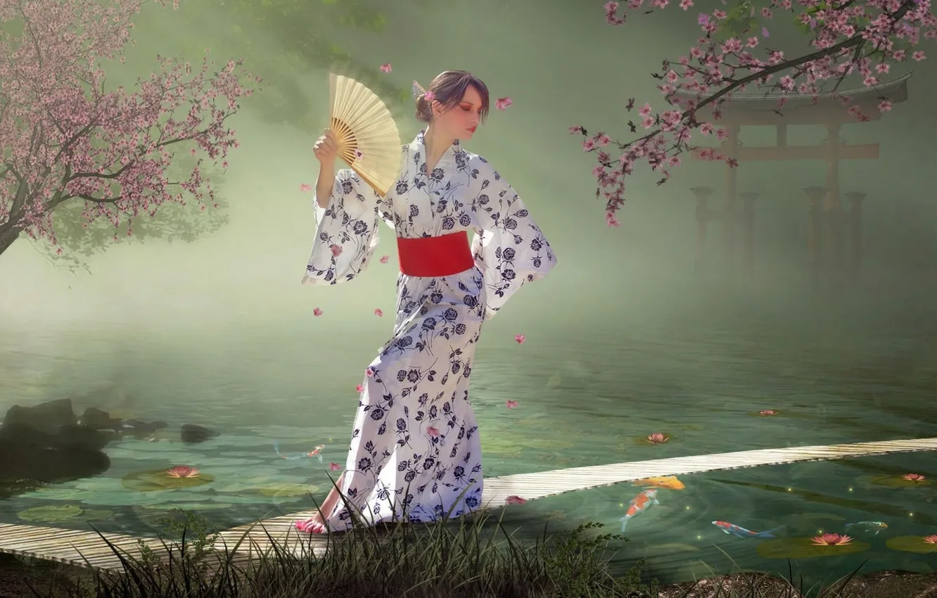 Фото обои вода, рисунок, ворота, сакура, веер, кимоно