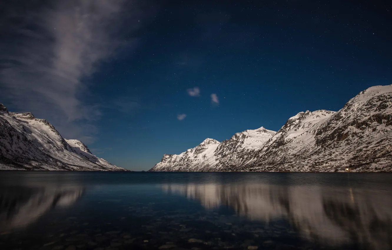 Фото обои зима, вода, снег, горы, озеро, отражение, река