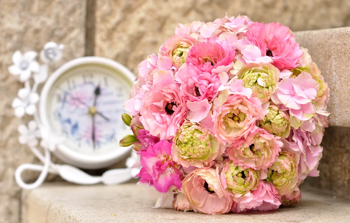 Фото обои часы, букет, пионы, гортензия, bouquet, clock