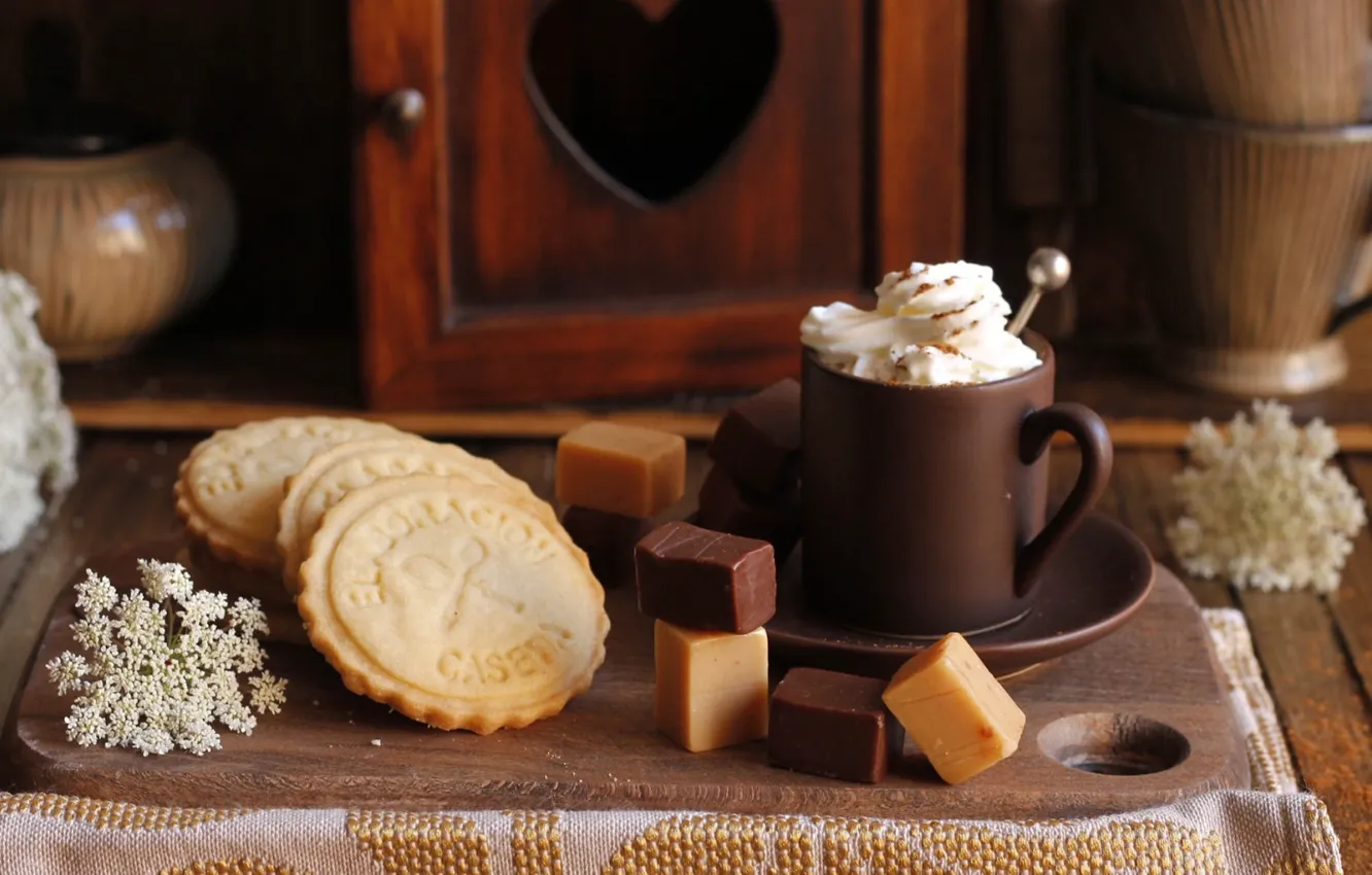 Фото обои кофе, печенье, чашка, сладости, крем