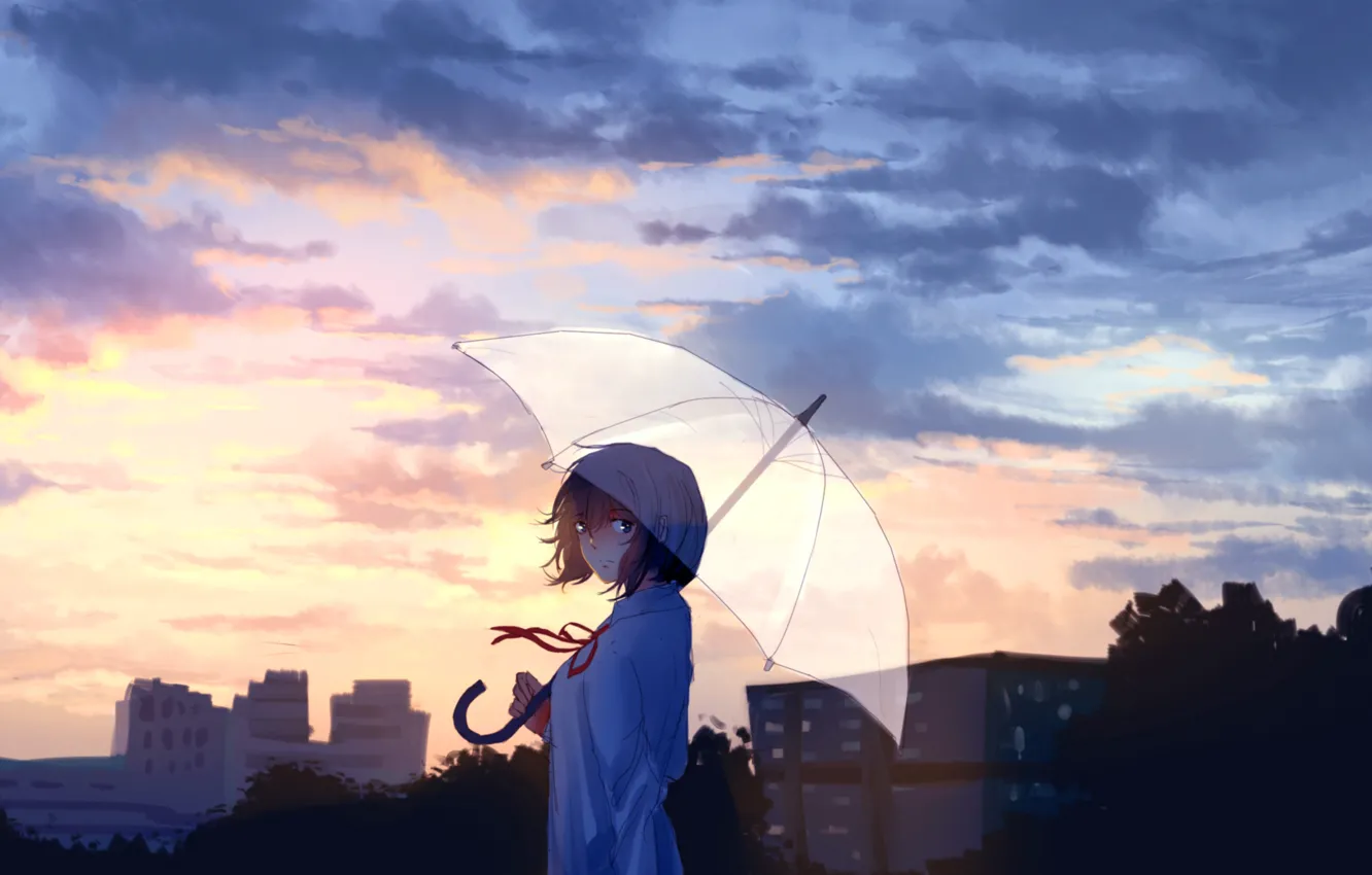 Фото обои небо, девушка, деревья, город, зонт