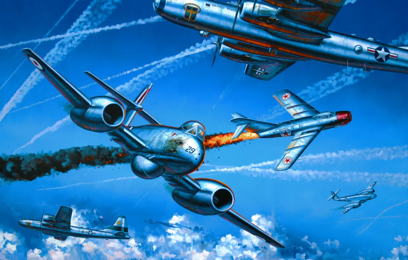 Фото обои war, art, painting, aviation, B-29, Gloster Meteor, MIG-15