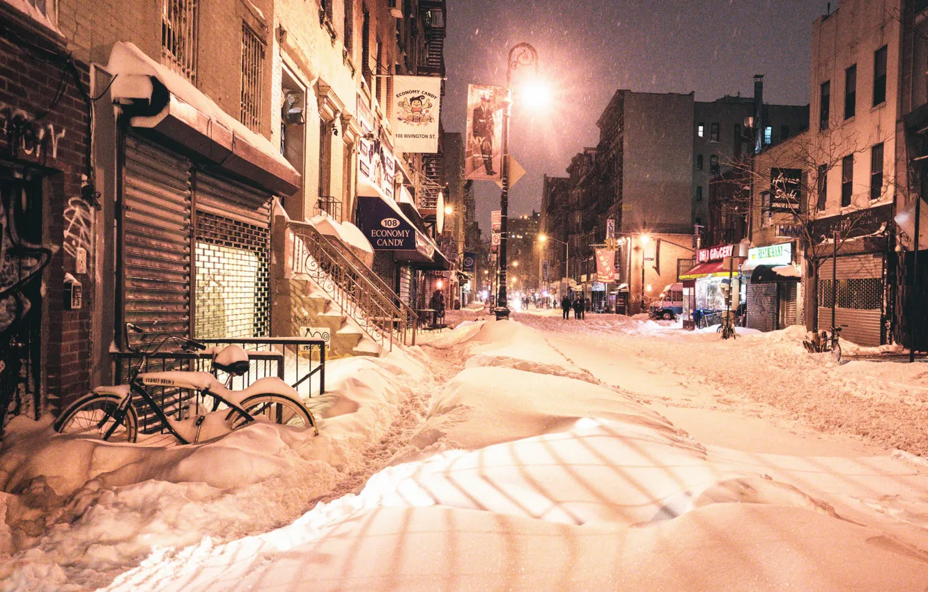 Фото обои light, night, New York, winter, snow