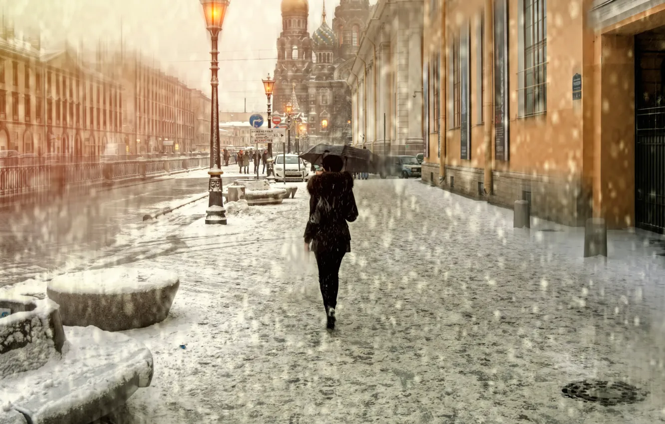 Фото обои девушка, снег, зонт, Санкт-Петербург