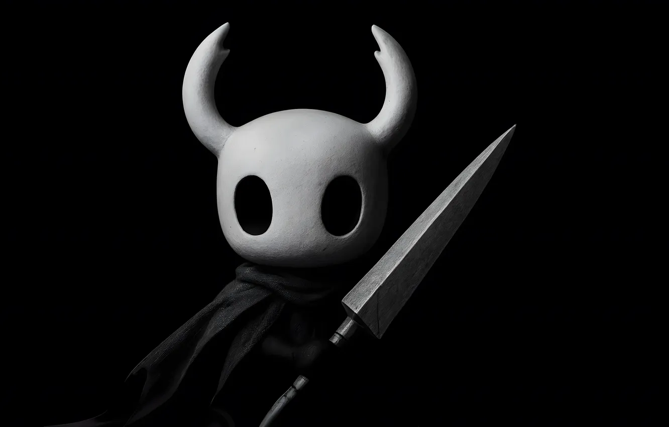 Фото обои sword, mask, black background, simple background, cape, Hollow Knight, video game characters, minimalism