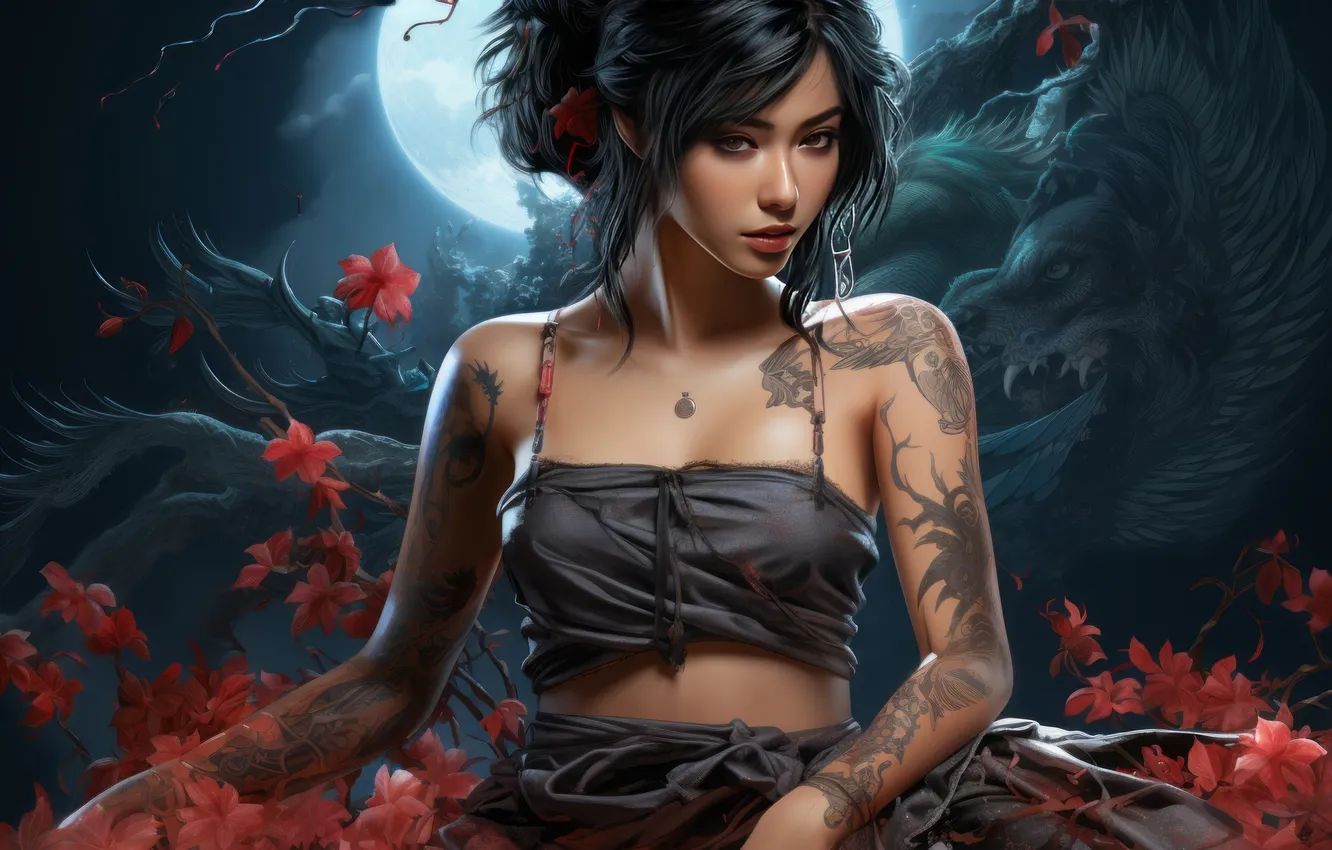 Фото обои Girl, Anime, Beauty, Tattoo, Anime Girl, AI Generated