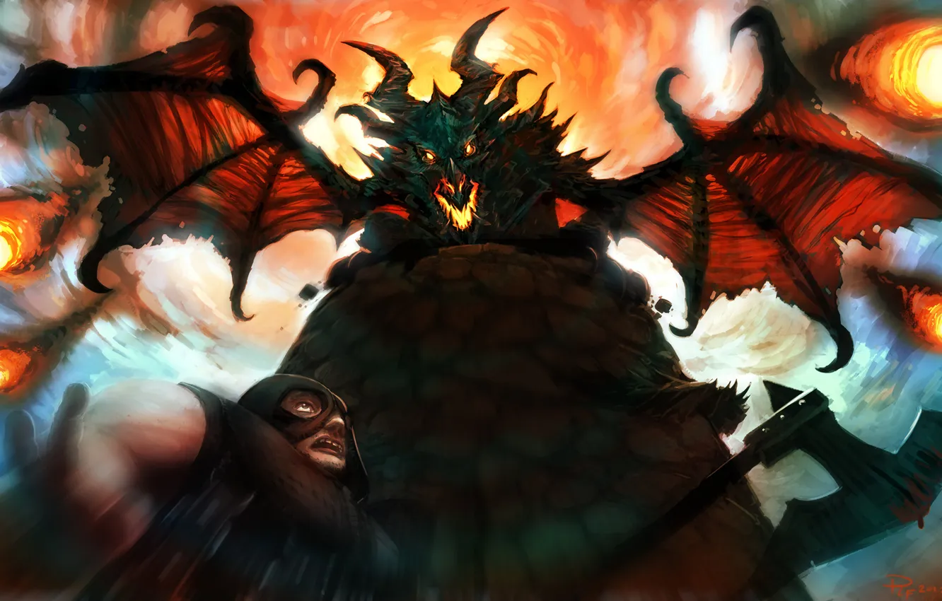 Фото обои дракон, человек, башня, монстр, арт, солдат, топор