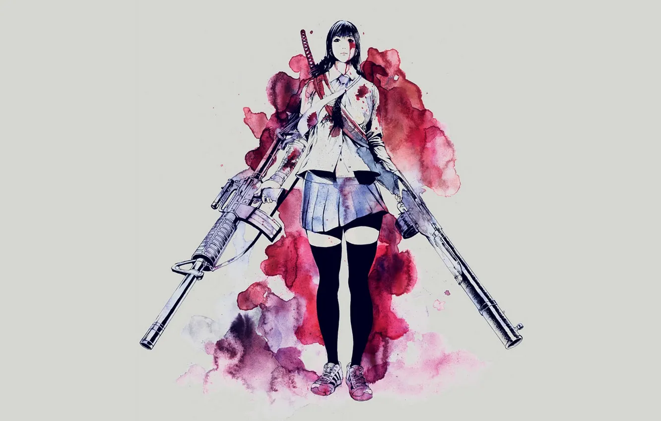 Фото обои девушка, оружие, фон, кровь