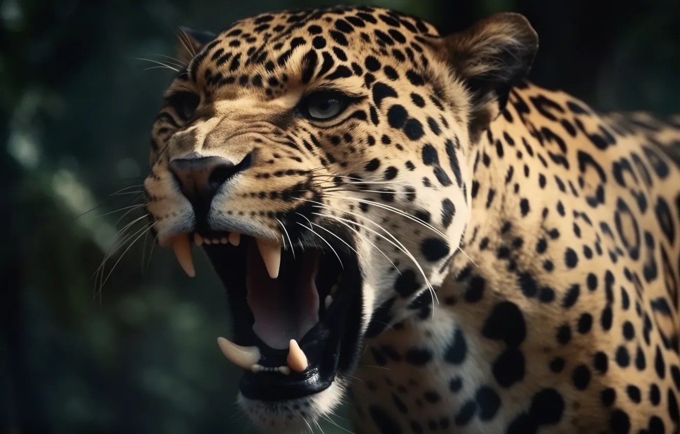 Фото обои морда, леопард, оскал, цифровое искусство, ИИ-арт, Искусство искусственного интеллекта, НЕЙРОСЕТЬ